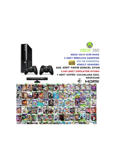 Microsoft Xbox 360 E Slim 500 GB Konsol + 2 Kablosuz Gamepad + Kinect Sensör + HDMI Kablo