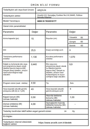Arçelik 6688 DI 8 Programlı Bulaşık Makinesi