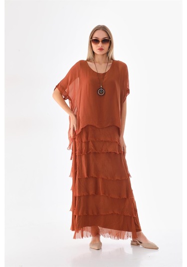 İtalyan 2 Beden İnce Gösteren Yarım Kol Kat Kat Ipek Elbise Tarçın