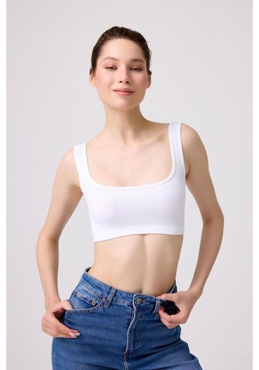 Cottonhill Premium - Kadın Beyaz Seamless Kare Yaka Crop Top Büstiyer Beyaz