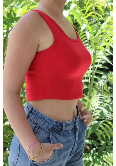 Afri Kadın Kırmızı Basic Ribana Atlet Crop Likralı Spor Üst Kırmızı