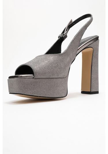 Glora Platin Simli Kadın Platform Topuklu Abiye Ayakkabı Platin
