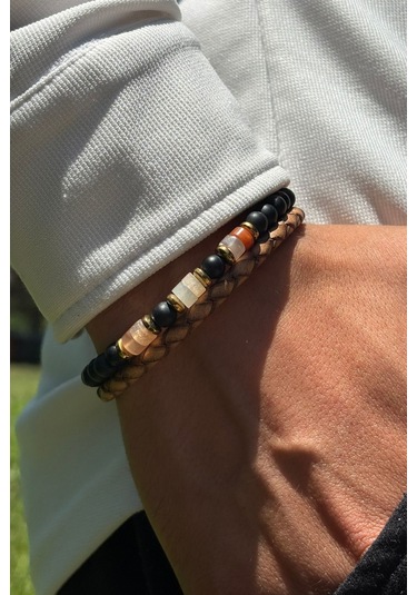 Taşlı Yılan Derisi Desenli El İşçiliği İle Üretilmiş Hakiki Deri Erkek Bileklik Kahverengi