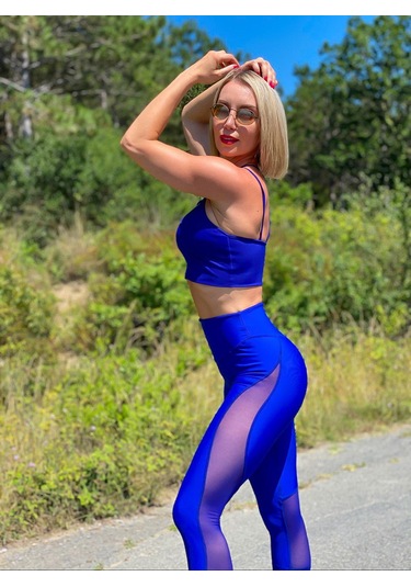 Tül Detaylı Toparlayıcı Spor Kapri Tayt Saks Mavisi