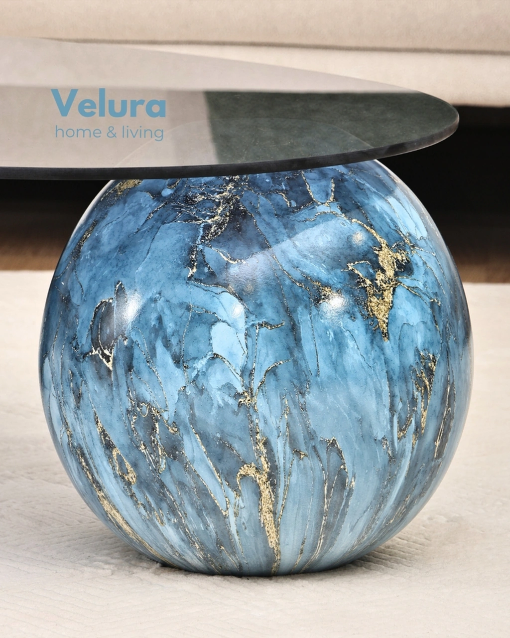 Modern Orta Sehpa & Küre Sehpa & Top Sehpa & Füme Fasulye Cam & Sky Mavi