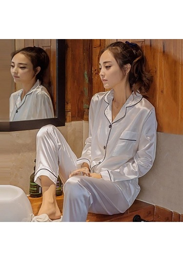 Sones Bayan İpek Uzun Kollu Pantolon Pijama Takımı Beyaz Açık Toka Beyaz