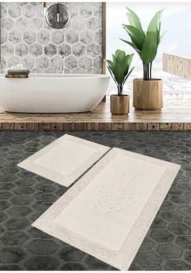 Cotton Special 2'li Osmanlı Desen Pamuklu Klozet Takımı Krem 60 x 100 / 50 x 60 CM Krem