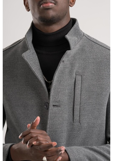 Slimfit Hakim Yaka Düğme Kapamalı Yan Cepli Astarlı Tek Yırtmaçlı Yünlü Kaşe Kaban Gri