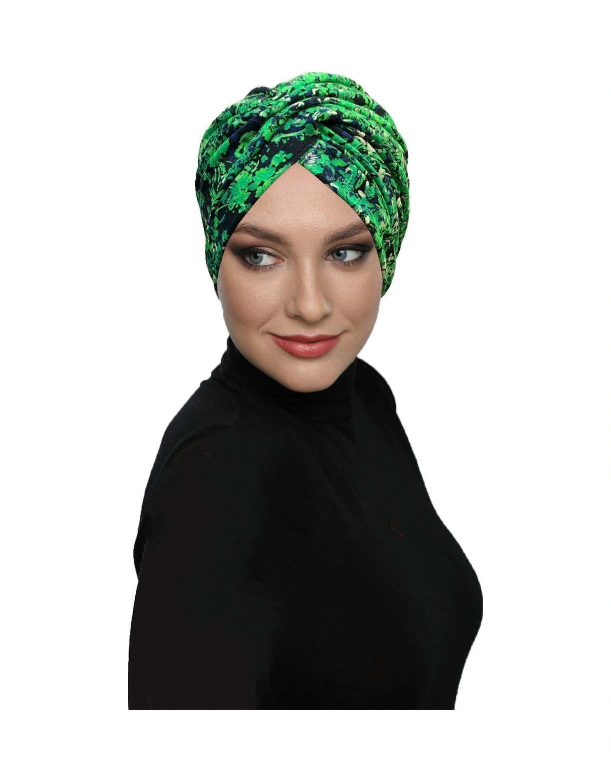 Fidan Desenli Çapraz Penye Yeşil Lacivert Çiçek Motifli Hazır Türban Tesettür Havuz Bonesi Yeşil Lacivert