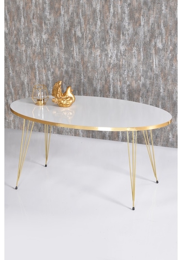 Zigon Sehpa Ve Orta Sehpa Elips Set Gold Beyaz Tel Ayak