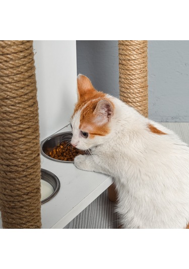 Tahta Karınca Minimalist Mobilya Kedi Evi Mama Kabı Tırmalama Halatlı