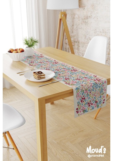 Renkli Pastel Çiçek Desenli Baskılı Süet Runner Masa Örtüsü