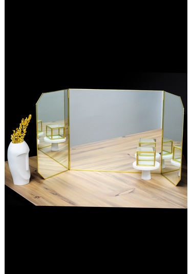 Makyaj Aynası Masaüstü Büyük Pirinç Gold 100x45cm Gold