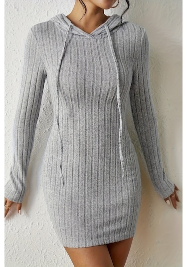 Merry See Uzun Kollu Kapşonlu Mini Elbise Gri