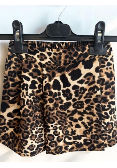 Kız Çocuk Bel Lastikli Leopar Desenli Şort Etek-14740 Kahverengi