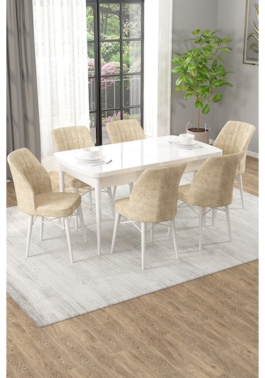 Arel Beyaz 80x132 Açılabilir Mdf Masa Yemek Odası Takımı, Mutfak Takımı 6 Adet Sandalye Beyaz Masa - 6 Krem - Beyaz Ayak