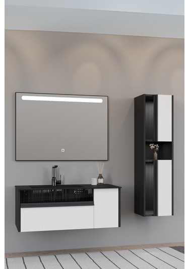 Sable 100 Cm Siyah Lavabolu Banyo Dolabı - Siyah Beyaz (boy Dolap Dahil) Beyaz - Siyah