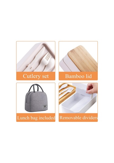 Hangfox Doğal Bambu Kapaklı Çift Katlı Microwave Uyumlu Çalışan/öğrenci Bento Kutusu - Sağlıklı Yemek Taşıma Kutusu Isı Saklama Çantası Dahil Beyaz