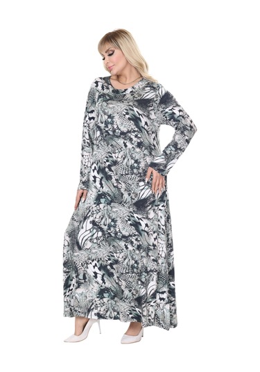 Melsay Butik Gri Yeşil Timsah Desen Uzun Kollu Kadın Tesettür Elbise Gri
