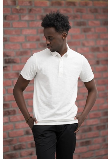 Advante Regular Fit Likralı Kendinden Desenli Polo Yaka T-shirt Beyaz