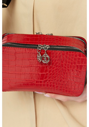 Morpelikan Kırmızı Kroko İki Bölmeli Kadın Omuz Çantası Kırmızı