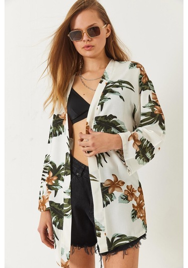 Shade Kadın Çiçek Desenli Kısa Viskon Kimono 60261498 - Ekru