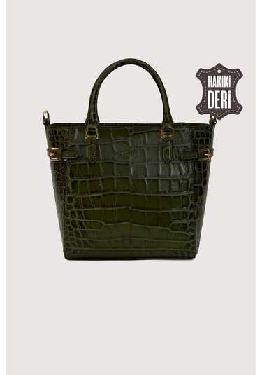 Hakiki Deri Kadın El Çantası Yeşil Kroko Smr7922 Yeşil Kroko