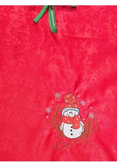 Kırmızı Kadife Kumaş Kardan Adam Nakışlı Çam Ağacı Örtüsü 95 Cm