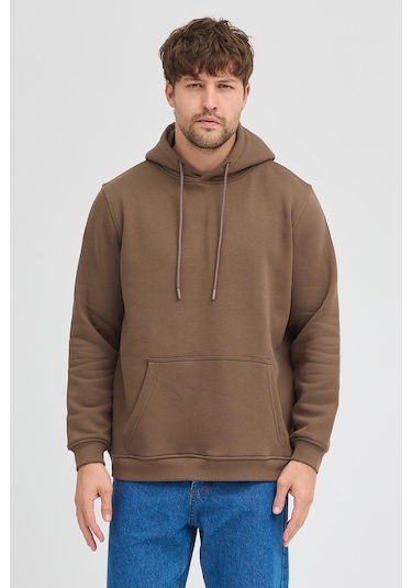 Erkek Kahverengi Standart Fit Normal Kesim Içi Polarlı 3 Iplik Kapüşonlu Pamuklu Sweatshirt Kahverengi