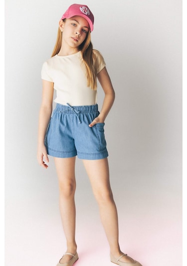 Defacto Kız Çocuk Beli Lastikli Cepli Jean Şort B6574a825smnm28 Mavi