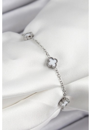 316l Çelik Beyaz Sedef Yonca Model Gümüş Renk Kadın Bileklik Çok Renkli