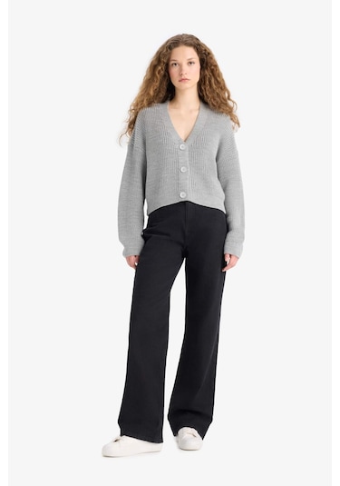 Defacto Regular Fit V Yaka Düğmeli Triko Hırka U2052az25wngr76 Gri