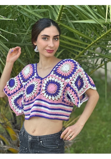 Gönülden Tasarım El Örgüsü Etnik Kadın Crop Bluz Mor