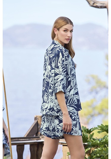 Monamise Kadın Yaprak Desenli Önü Düğmeli Gömlek Yaka Alt Üst Takım 25015 Lacivert