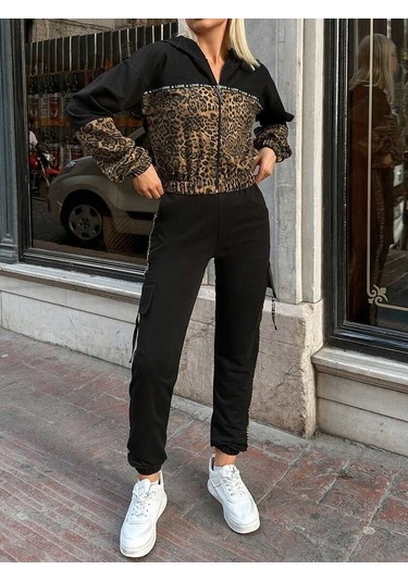 S-pazarım Kadın Uzun Kollu Kapşonlu Leopar Desenli Viskon Iki Iplik Bluz Ve Pantolon Ikili Takım Siyah