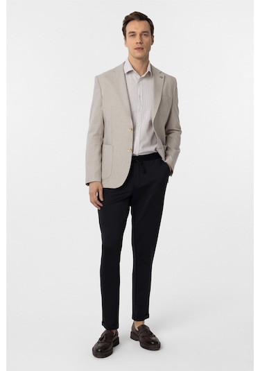 Süvari Bej Slim Fit Armürlü Mono Yaka 6 Drop Ceket