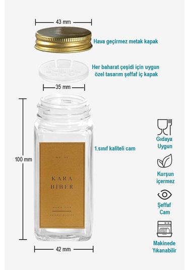 12'li Cam Gold Kapaklı Gold Etiketli 12-li Baharatlık Seti Takımı-mh00gld12 Gold - Şeffaf