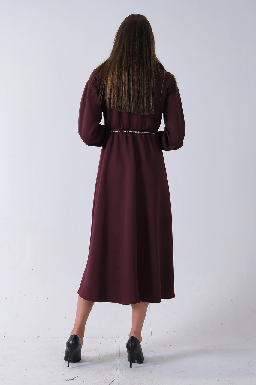 Feminist Bordo Yaka Fermuar Detaylı Bel Ve Bileği Lastikli Kemerli Scuba Elbise 4593455.04 Bordo