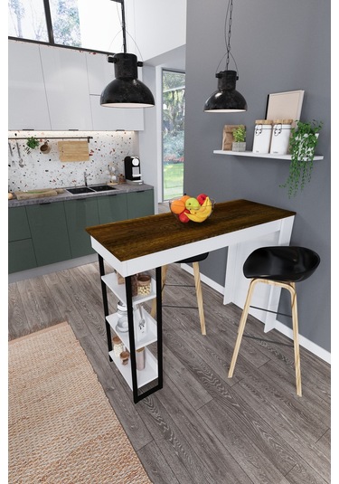 Dekorfim DF01103BR Raflı Yüksek Bar Masası Mutfak Yemek Masası