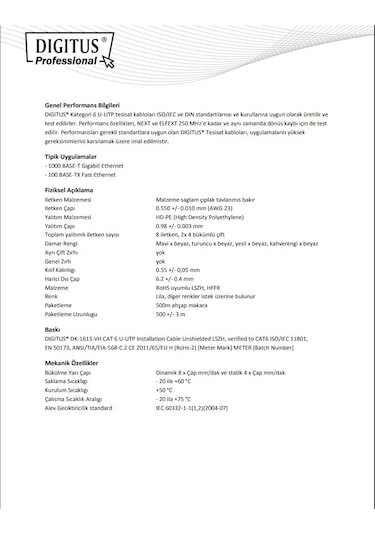 Digitus Cat6 Saf Bakır U-utp Data Kablosu Lszh Low Smoke Zero Halogen Sarı 40 Mt