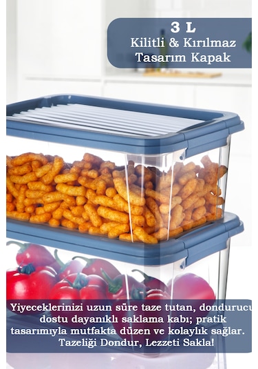 3'lü Set 3l Kilit Kapaklı Erzak Saklama Kabı Difriz Buzdolabı Düzenleyici Un Bakliyat Saklama Kutusu Mavi