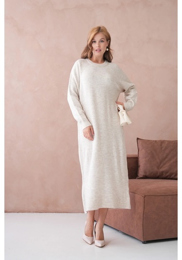 Kadın Bisiklet Yaka Yumuşak Dokulu Maksi Boy Şardonlu Oversize Triko Elbise 8324sw Taş