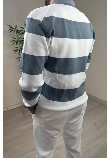 Explode - Erkek Mavi - Ekru Şerit Desenli Polo Yaka Oversize Triko Kazak Mavi