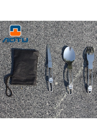 Aotu At6387 Dış Mekan Paslanmaz Çelik Katlanabilir Bıçak + Çatal + Kaşık Kamp, Yürüyüş Vb. İçin 3'ü 1 Arada Set.