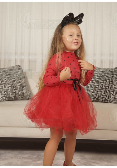 Puantiyeli Kız Çocuk Uzun Kollu Doğum Günü Ve Özel Günler İçin Tüllü Elbise Kırmızı