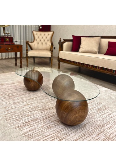 Top Sehpa & Küre Cam Orta Sehpa Kaplama Ahşap Desen Sehpa