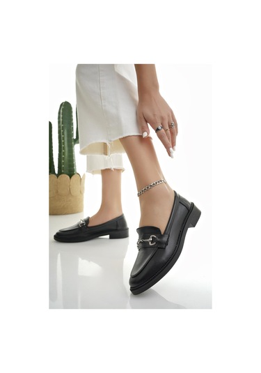 Muggo Sussie Garantili Metal Tokalı Kadın Loafer Günlük Ayakkabı Siyah