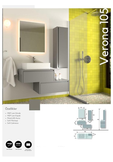 Evros Verona Banyo Dolabı 105 Cm Gri