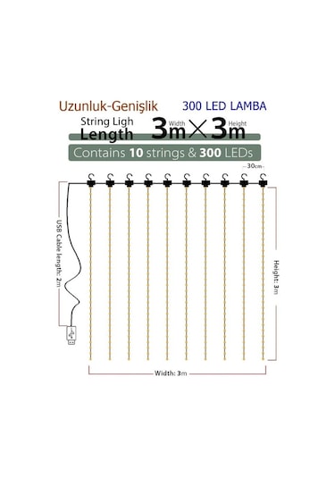 8 Fonksiyonlu Peri Perde Led Uzaktan Kumandalı Günışığı Perde Peri Led 3 Mt X 3 Mt