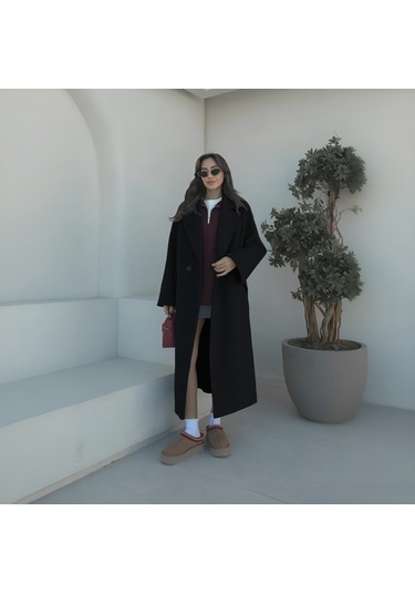 Kışlık Astarlı Detaylı Kadın Kaşmir Kaban Siyah